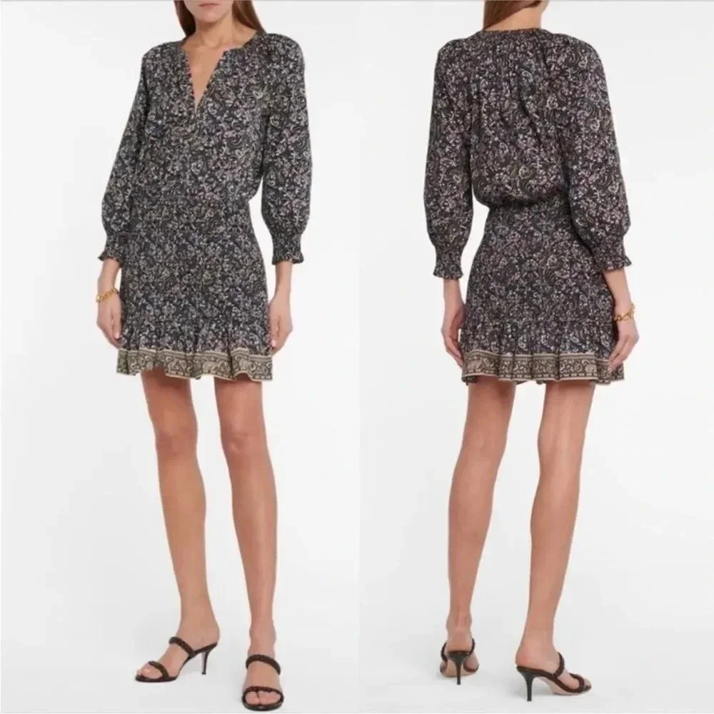 Veronica Beard Black Floral Mini Dress with Cream Border